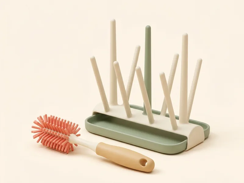 Bottle Brush & Drying Rack — A long bottle brush and a drying rack